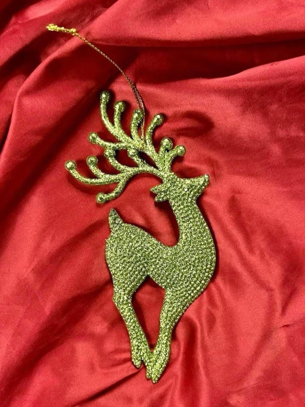 Green Sparkly Glitter Dancing Reindeer Silhouette 7” Christmas Tree Ornament